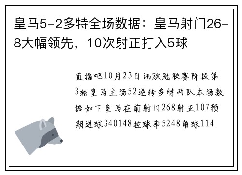皇马5-2多特全场数据：皇马射门26-8大幅领先，10次射正打入5球